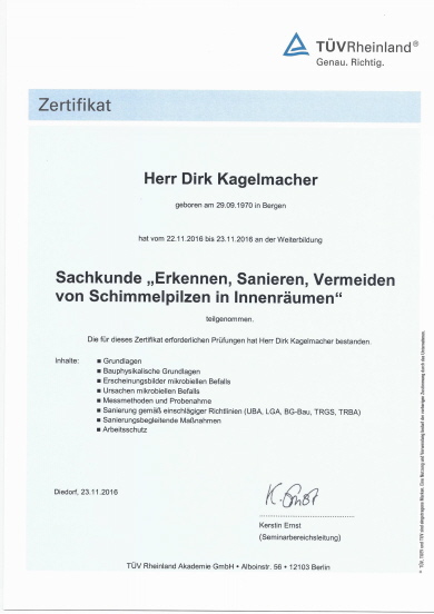 2016-Schimmelpilzschäden in Innenräumen - TÜV-Zertifikat
